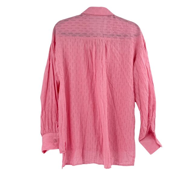 Womens Sheer Pink Button-Up Shirt S Textured Stripe Pattern Long Sleeve - Picture 2 of 9
